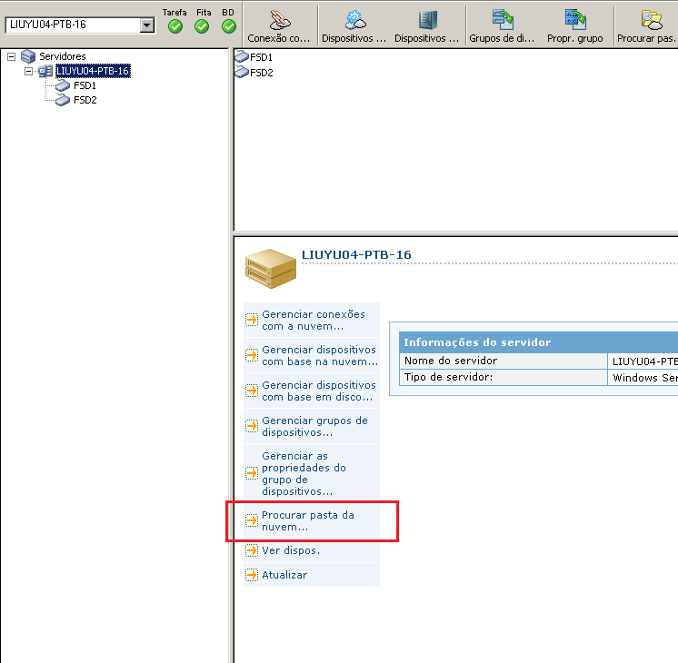 Procurar pasta da nuvem na janela de detalhes Servidores