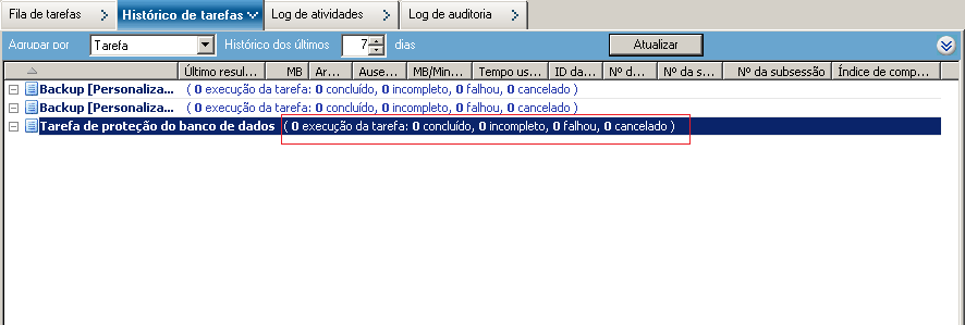 Gerenciador de status da tarefa mostrando a guia Histórico das tarefas