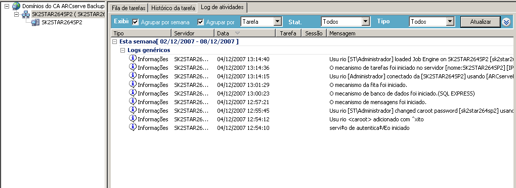 Gerenciador de status da tarefa - Log de atividades - O domínio do ARCServe contém servidores integrantes.