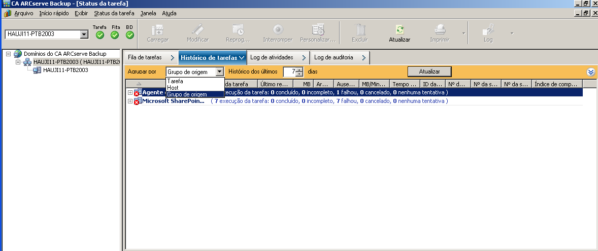 Histórico de tarefas mostrando a exibição do Grupo