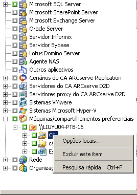 Janela do Gerenciador de backup. Foi especificado um volume com a opção de backup local.