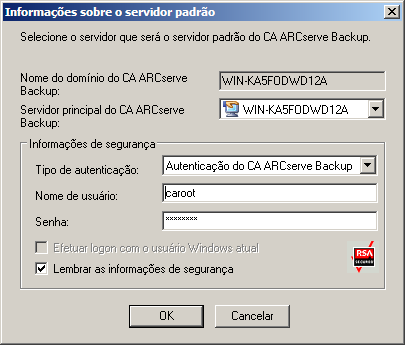 Caixa de diálogo Informações do servidor padrão