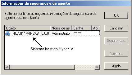 Caixa de diálogo Security and Agent Efetuar logon no sistema do host do Hyper-V.