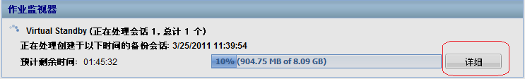 Virtual Standby 作业监视器。 “详细信息”选项被突出显示。