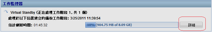 Virtual Standby 工作監控器。 已醒目提示 [明細] 選項。