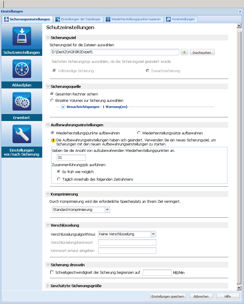 Jetzt sichern - Schutzeinstellungen