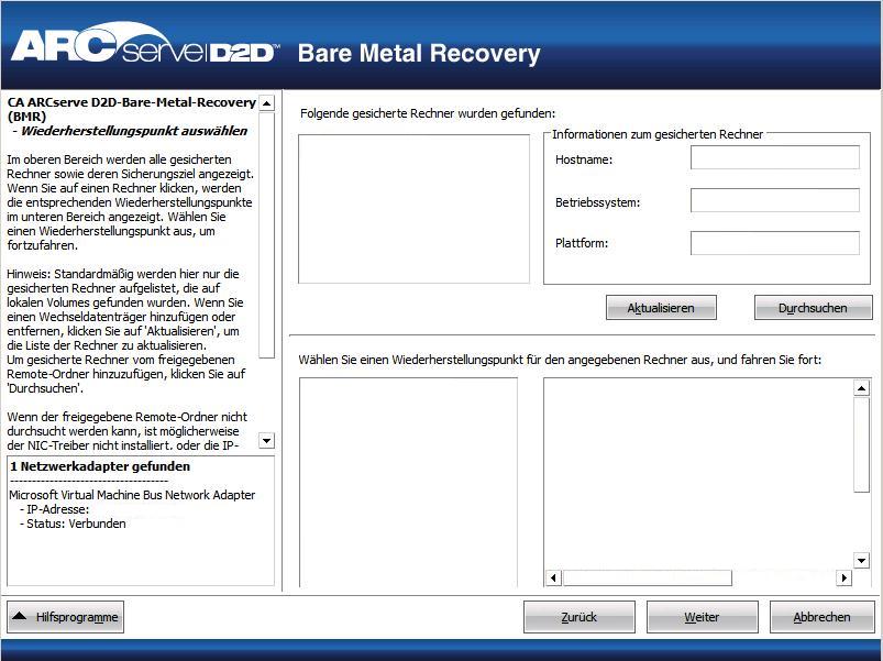 Bare-Metal-Recovery - Dialogfeld "Wiederherstellungspunkt auswählen".