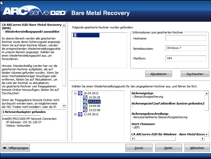 Bare-Metal-Recovery - Wiederherstellungspunkt auswählen - abgerufene Informationen.