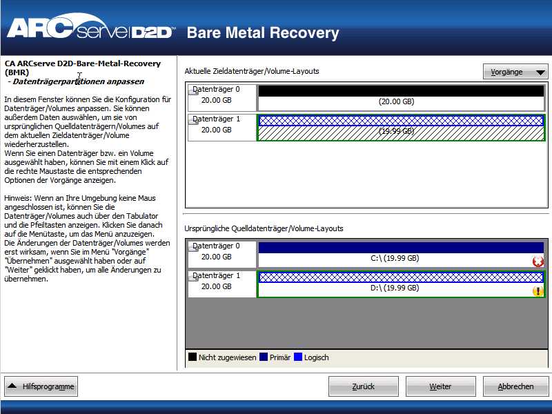 Bare-Metal-Recovery - Dialogfeld "Datenträgerpartitionen anpassen".