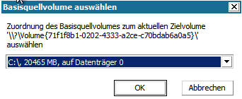 Bare-Metal-Recovery - Dialogfeld "Basisquellvolume auswählen".