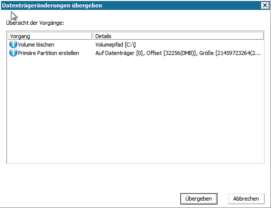 Bare-Metal-Recovery - Dialogfeld "Datenträgeränderungen übergeben".