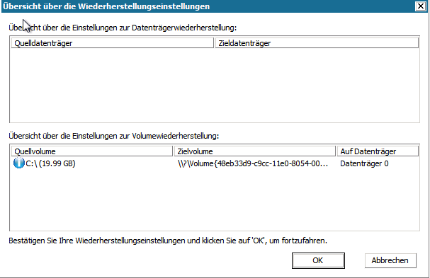 Bare-Metal-Recovery - Dialogfeld "Übersicht über die Wiederherstellungseinstellungen".