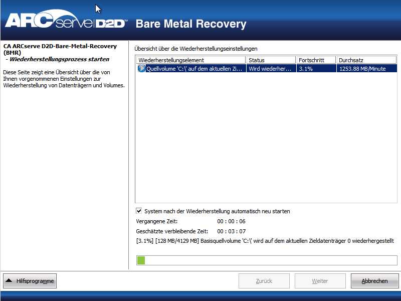 Bare-Metal-Recovery - Dialogfeld "Wiederherstellungsprozess starten".
