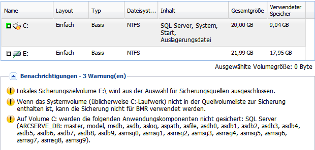 Schutzeinstellungen - Volume auswählen