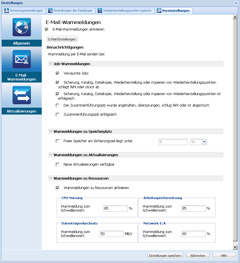 Einstellungen - Dialogfeld "E-Mail-Warnmeldungen"