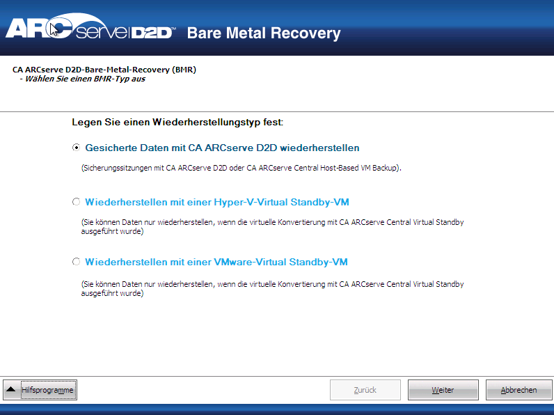 Bare-Metal-Recovery - Dialogfeld "Legen Sie einen Wiederherstellungstyp fest".