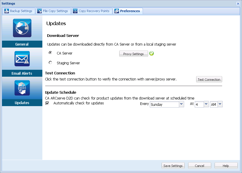 Preference Settings - Updates Dialog