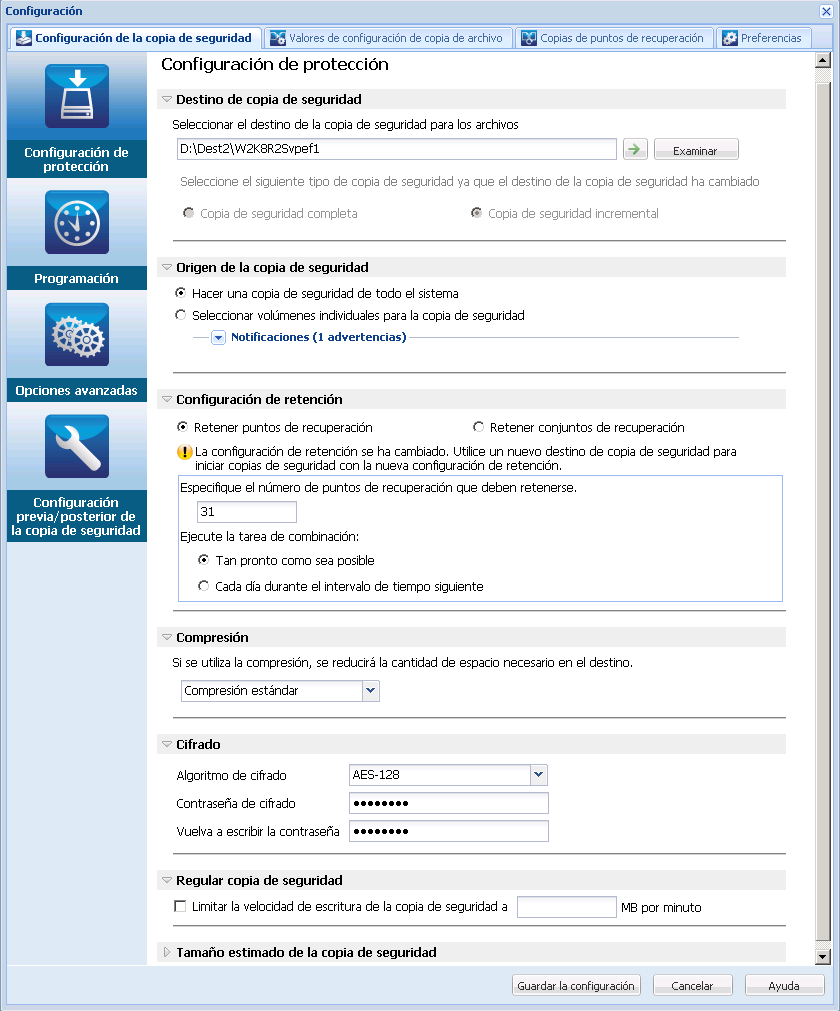 Realizar copia de seguridad ahora - Configuración de protección