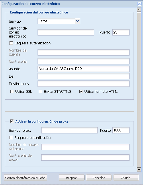 Configuración de la copia de seguridad - cuadro de diálogo de la configuración del correo electrónico
