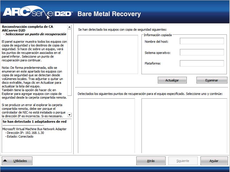 Reconstrucción completa - Cuadro de diálogo Especificar un punto de recuperación.