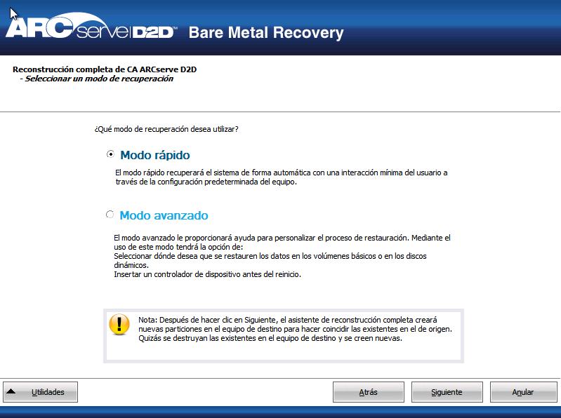 Reconstrucción completa - Cuadro de diálogo Modo de recuperación.