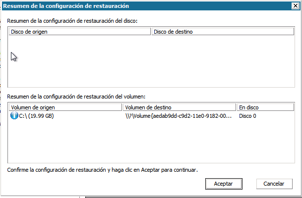 Reconstrucción completa - Cuadro de diálogo Resumen de la configuración de restauración.