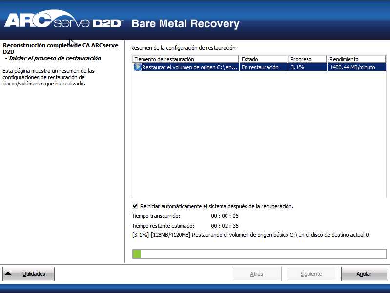 Reconstrucción completa - Cuadro de diálogo Iniciar el proceso de restauración.