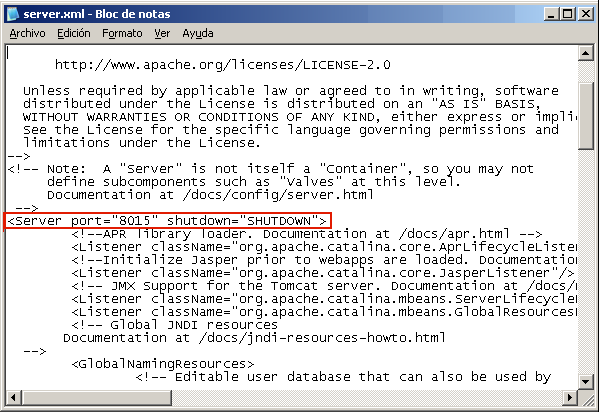 Archivo Server.xml. El campo que se debe modificar aparece resaltado.