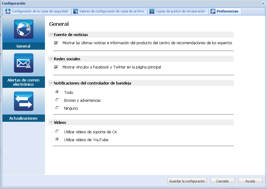 Valores de configuración Preferencias - Cuadro de diálogo General
