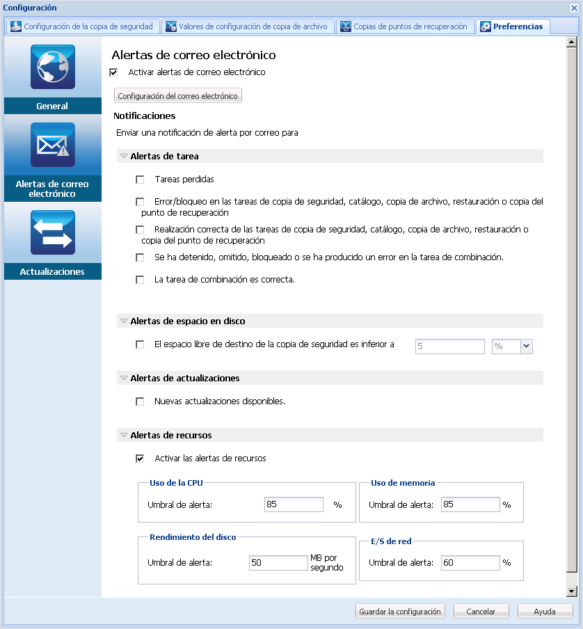 Valores de configuración Preferencias - Cuadro de diálogo Alertas de correo electrónico
