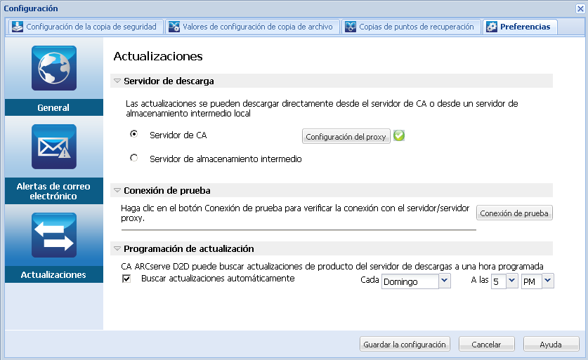 Valores de configuración Preferencias - Cuadro de diálogo Actualizaciones