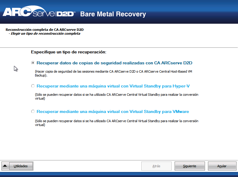 Reconstrucción completa - Cuadro de diálogo Especifique un tipo de recuperación.