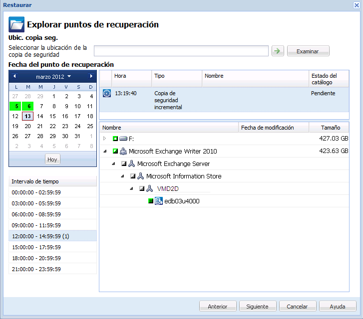Pantalla Explorar puntos de recuperación con el calendario
