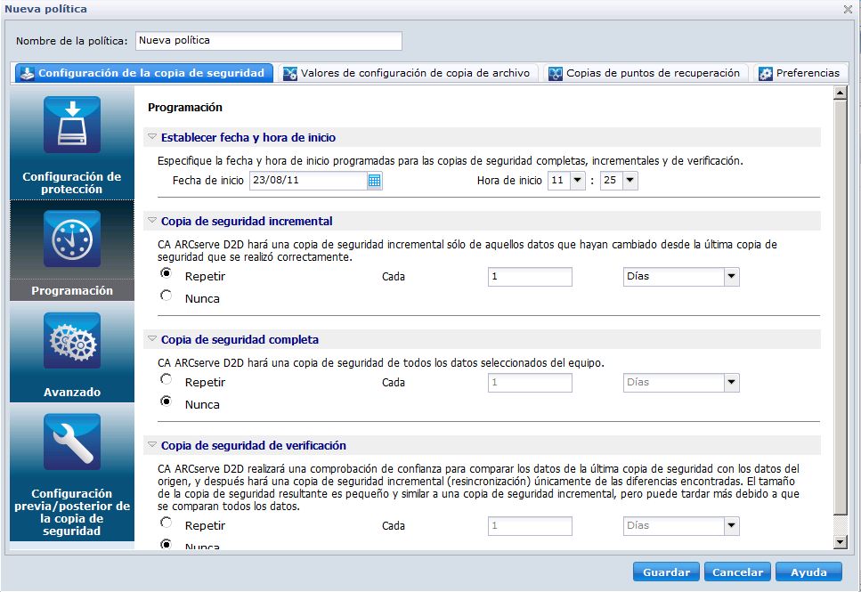 Configuración de la copia de seguridad para políticas de D2D - Ficha Programación