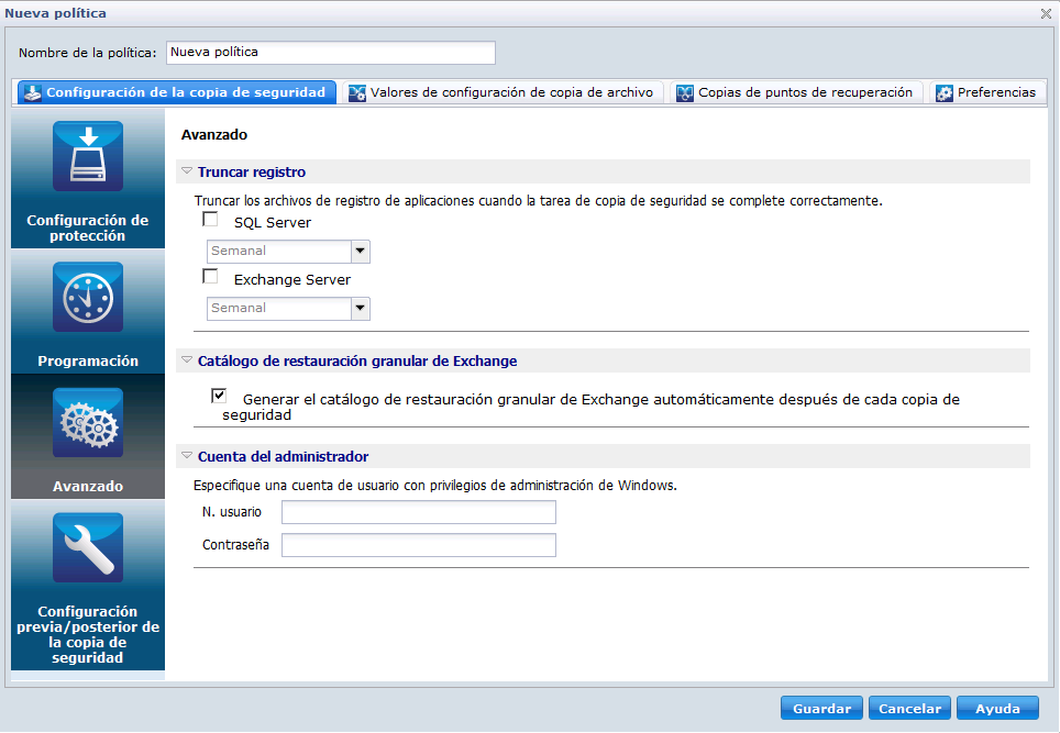 Configuración de la copia de seguridad para políticas de D2D - Ficha Avanzado