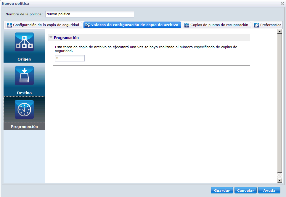 Valores de configuración de copia de archivo para políticas de D2D - Programación