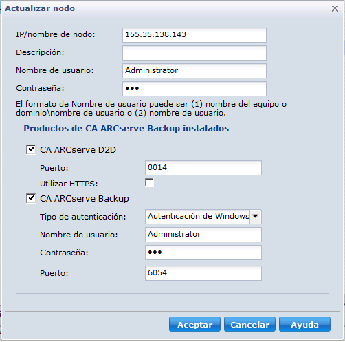 El cuadro de diálogo Actualizar nodo para CA ARCserve D2D o CA ARCserve Backup cambia