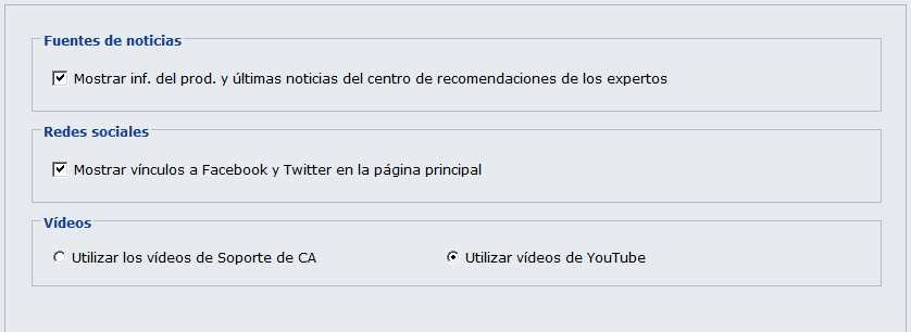 Parte de la aplicación que muestra la configuración de preferencias de redes sociales