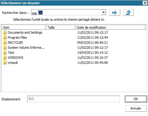 Boîte de dialogue Récupération à chaud - Sélectionner un dossier