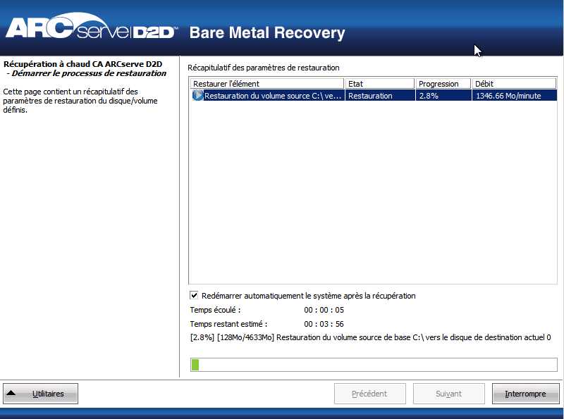 Boîte de dialogue Récupération à chaud - Démarrer le processus de restauration