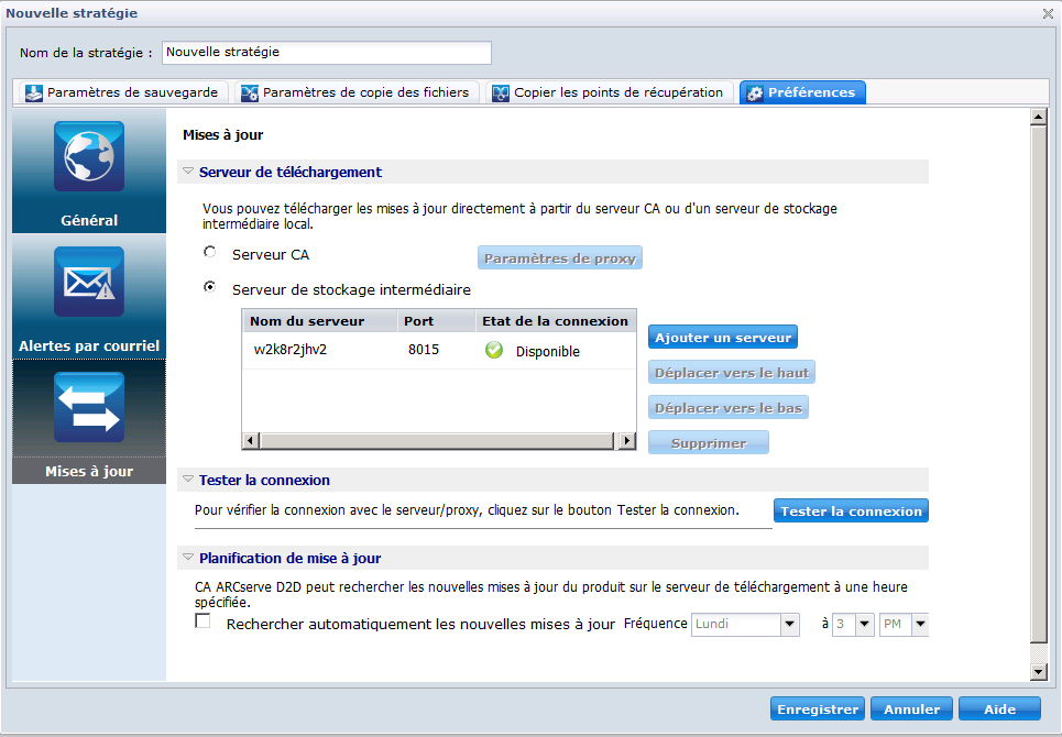 Nouvelle stratégie CA ARCserve D2D Mise à jour automatique - Onglet Préférences