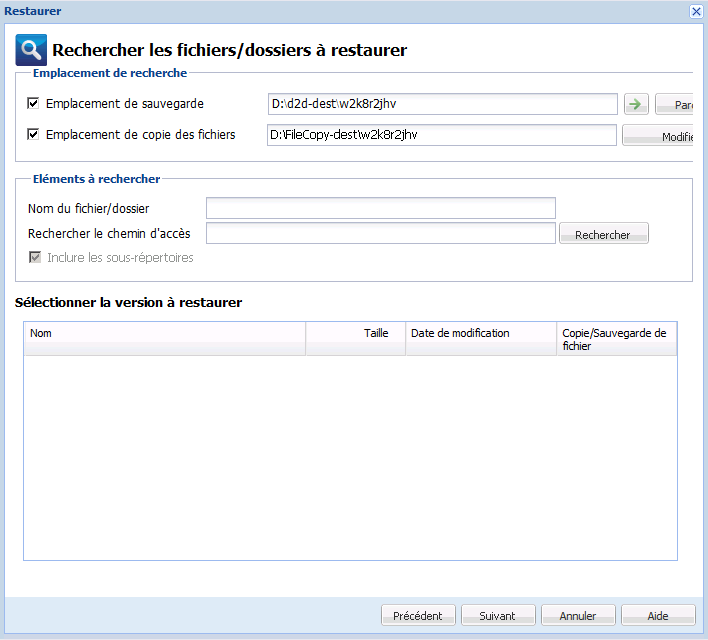 Boîte de dialogue Rechercher les fichiers/dossiers à restaurer