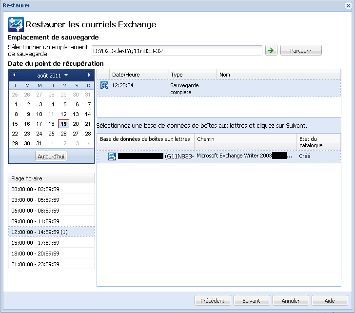 Boîte de dialogue Restaurer les courriels Exchange