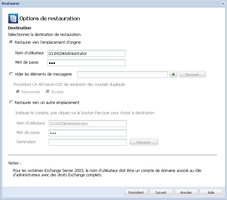 Boîte de dialogue Options de restauration