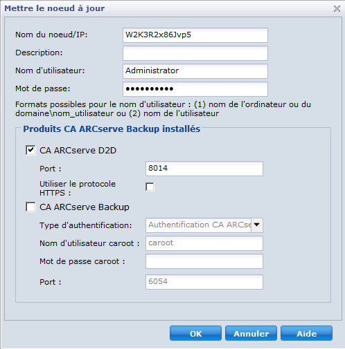 Boîte de dialogue Mettre le noeud à jour pour les modifications CA ARCserve D2D