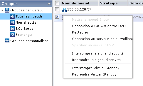 Interruption et reprise du signal d'activité à l'aide du menu contextuel.