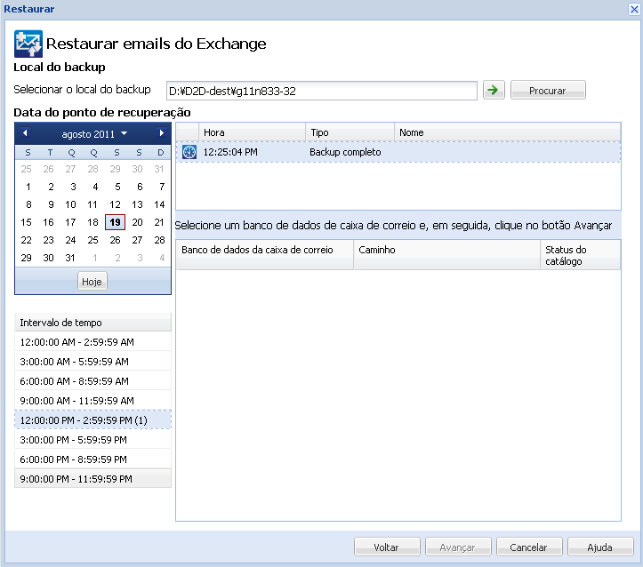 Caixa de diálogo Restaurar emails do Exchange.