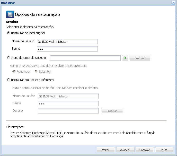 Caixa de diálogo Opções de restauração.