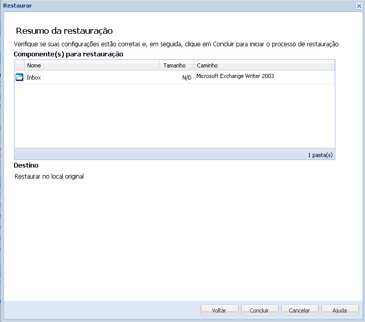 Caixa de diálogo Resumo da restauração.