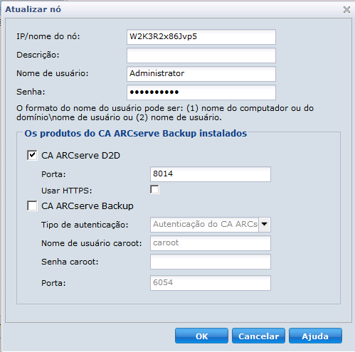 Caixa de diálogo Atualizar nó para alterações do CA ARCserve D2D